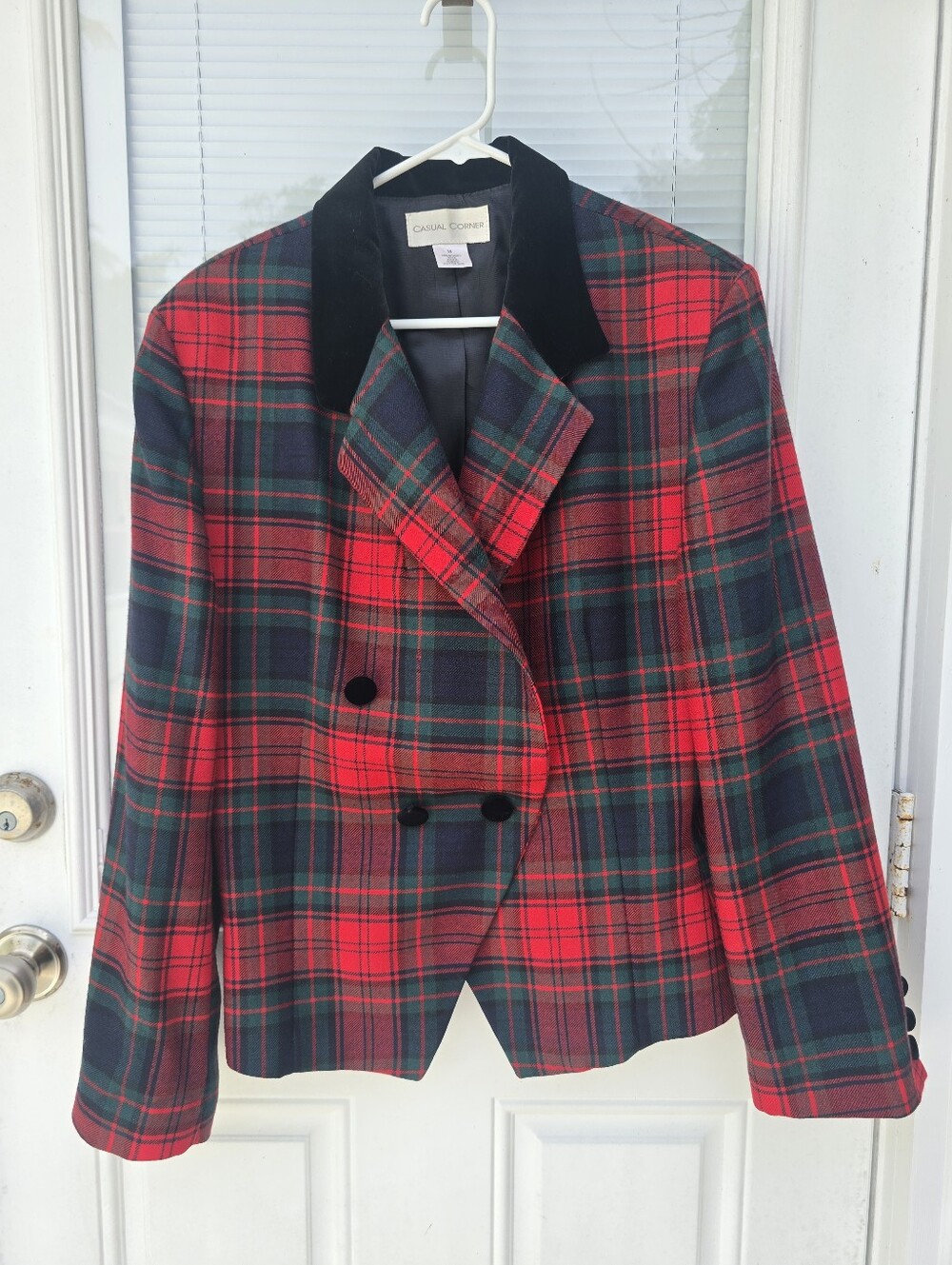 Casual Corner Red and Green Plaid Double-Breasted Blazer